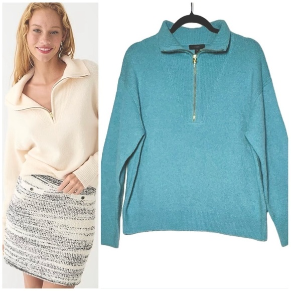 J. Crew Merino Wool Alpaca Blend Blue Half-Zip Stretch Sweater w/ Ribbed Trim, M - Picture 1 of 12